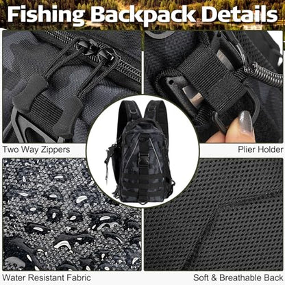 RoundFunny 85 Pcs Fishing Backpack with Tackle Boxes, Tackle Sling Bag with Rod Holder, Fish Lures and Pliers, Fish Tools Gears & Equipment Father's Day Fishing Gift for Dad Men - color: Incognito Camouflage