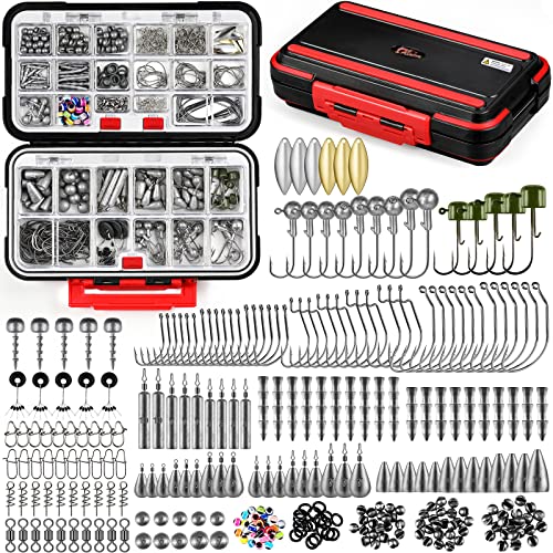 PLUSINNO 253/387pcs Fishing Gear Accessories Kit, Fishing Tackle Box with Tackle Included, Fishing Hooks, Fishing Weights Sinkers, Spinner Blade, Fishing Equipment for Bass Trout Bluegill Crappie - color: 387pcs Fishing Accessories Kit