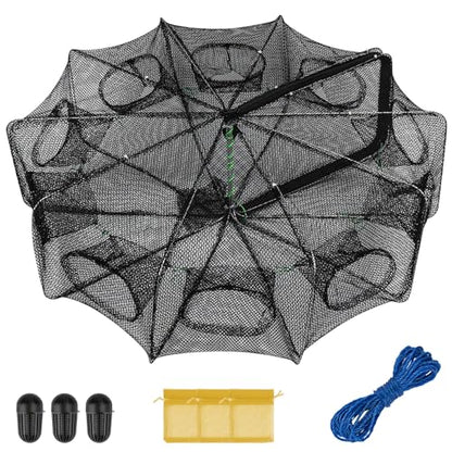 QualyQualy Fishing Bait Trap Crab Net Fishing Trap for Minnow/Crab/Shrimp/Crawdad with Rope, 6/8/10 Holes Large Space Fishing Net - size: 32*10‘’, style: 10 Holes - 1 Pcs
