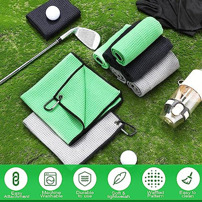 Batiyeer 12 Pcs Golf Towel Bulk for Golf Bags Microfiber Fabric Towel with Clip Waffle Pattern, Fitness, Camping, Hiking, Yoga - color: Black, Gray, Green