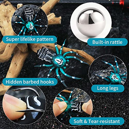 Soft Spider Bait, Bass Fishing Lure, Lifelike Skin Pattern, Bionic Weedless Strong Plastic Body, Barbed Hooks, for Bass Snakehead Pike Trout, 2.8in/ 0.23oz, 5 pcs