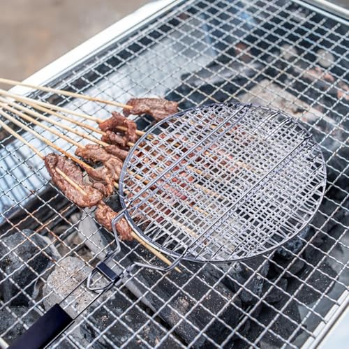 Angoily Grill Basket, Round BBQ Basket Vegetable Roasting Grilling Rack, Portable Stainless Steel Folding Fish Net, Removable Handle Meat Clamp, Outdoor Barbecue Campfire Cookware Accessories