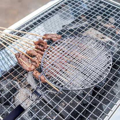 Angoily Grill Basket, Round BBQ Basket Vegetable Roasting Grilling Rack, Portable Stainless Steel Folding Fish Net, Removable Handle Meat Clamp, Outdoor Barbecue Campfire Cookware Accessories