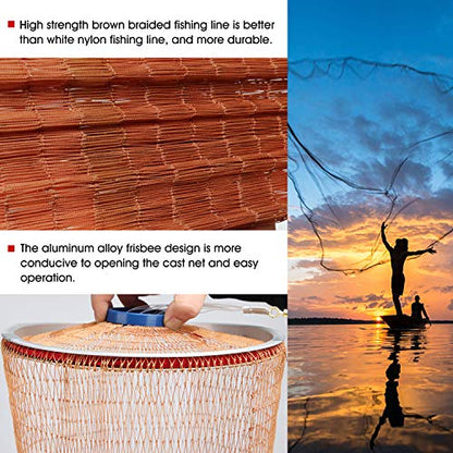 Cast Fishing Net with Aluminum Frame, 0.8 inch Mesh, 7.8-13.8 ft Diameter - color: Brown Braided Fishing Line, size: Dia: 7.8FT (metal sinker)