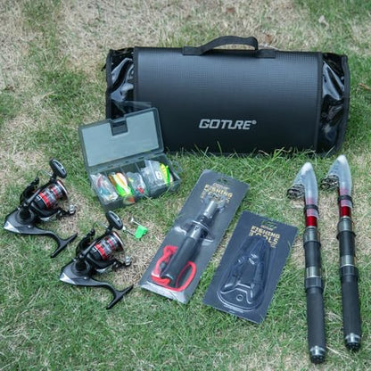 Goture Fishing Rod and Reel Combos-2PCS Telescopic Fishing Pole+2PCS Spinning Reels with Carrier Bag,2.1M Telescopic Rod Reel Kit for Starter Travel Saltwater Freshwater,Gifts for Men
