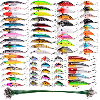 Aorace Fishing Lures Kit Mixed Including Minnow Popper Crank Baits with Hooks for Saltwater Freshwater Trout Bass Salmon Fishing - color: Item-F 84pcs