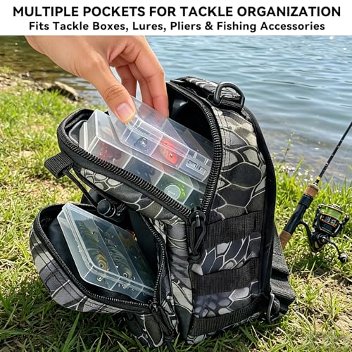Kynzo Fishing Sling Backpack with Rod Holder, Water-Resistant Fishing Tackle Bag, Durable Shoulder Crossbody Pack for Freshwater Saltwater Fishing (D- Pythonskin Black) - color: D- Pythonskin Black