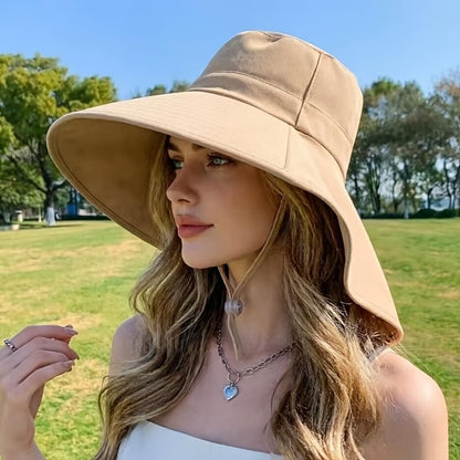 Wide Brim Sun Hat with Neck Flap Foldable Beach Protection Summer Garden Hat with Adjustable Wind Cord for Hiking Fishing Beige
