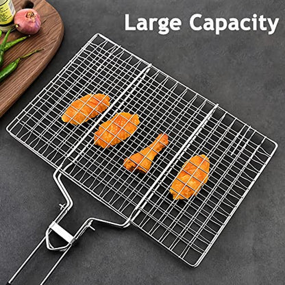Fish Basket for Grilling- BBQ Basket Stainless Steel Barbecue Basket with Foldable Handle, Portable Outdoor/Camping Grilling Accessories, Grill Vegetable Basket for All Grills（13.2 X 8.6 Inches） - style: Fish Basket