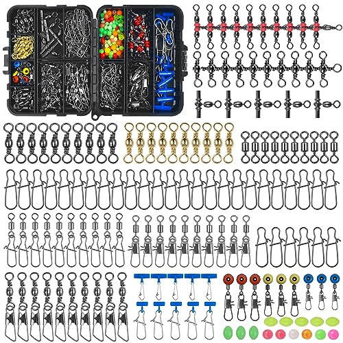 SILANON Fishing Swivels Tackle Kit, 174pcs Include Barrel Swivels,Sinker Slides,3 Way Swivels,Duo Lock Snaps,Barrel Snap Swivels Fishing Tackle Box Set for Bass Trout Saltwater Freshwater - style: 174pcs Kit