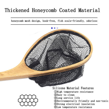 Small Wooden Frame Fly Fishing Landing Net With Soft Rubber Mesh for Trout Bass Catch and Release - Fishing Gear - color: Curved Handle