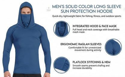Men's UPF 50+ Sun Protection Hooded Shirt with Integrated Face Cover Long Sleeve Lightweight Rash Guard Shirts - color: Gray, size: X-Large