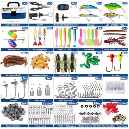 THKFISH 400PCS Fishing Lures Accessories Kit with Large 3-Layer Tackle Box Complete Freshwater Bass Fishing Gear Tools Set with Pliers, Fish Scale, Crankbait, Hooks, Weights Gift for Men - color: Blue
