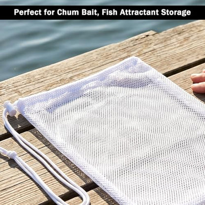 Mesh Chum Bag, 4 Pcs Bait Chum Bucket for Enhanced Fishing Attraction 12×18 inch, Nylon Drawstring Laundry Bags, White Net Storage Bags for Saltwater Fishing Kitchen Gifts Travel College - size: 12 x18 inch