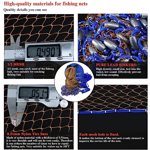 Drasry Saltwater Fishing Cast Net for Bait 3/8 1/4 or 1/2 with Heavy Sinkers Fish Trap Throw Net. Size 3ft/4ft/5ft/6ft/7ft/8ft/9ft/10ft Radius Freshwater Nets - size: 7FT (210cm) Radius, style: Lead Sinkers-0.5 in Mesh-tire Lines