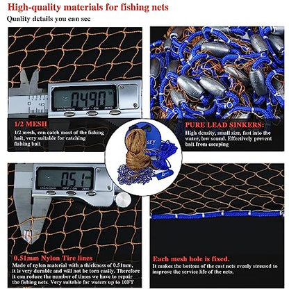 Drasry Saltwater Fishing Cast Net for Bait 3/8 1/4 or 1/2 with Heavy Sinkers Fish Trap Throw Net. Size 3ft/4ft/5ft/6ft/7ft/8ft/9ft/10ft Radius Freshwater Nets - size: 8FT (240cm) Radius, style: Lead Sinkers-0.5 in Mesh-tire Lines