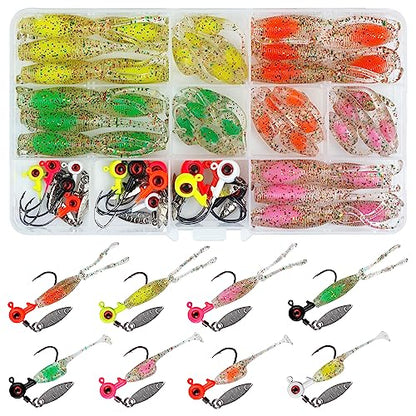 Crappie Lures Jigs Kit, 48/55pcs Crappie Baits Crappie Jig Head Hooks Soft Plastic Fishing Lures Split Paddle Tail Swim Bait for Crappie Fishing Panfish Bluegill Lures - color: 55pcs Crappie Jig Lures Kit