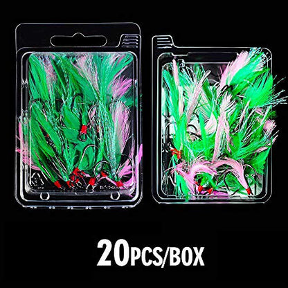 AMHDV Feather Fishing Hooks Strong Treble Hooks Size 2 4 6 8 10 (Pack of 20) - color: Pink and green, size: 6#
