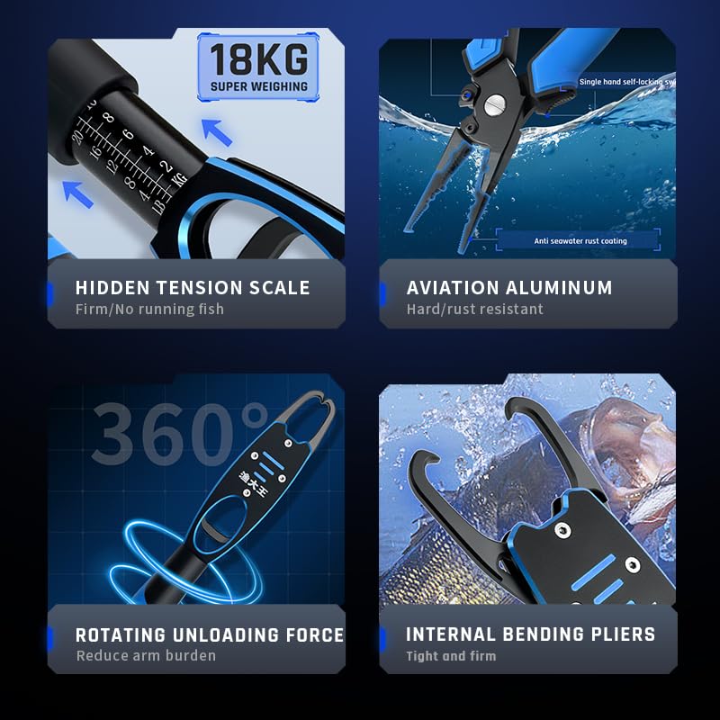 Fish Lip Gripper with Built-in Scale and Fishing Pliers, Stainless Steel Fishing Tool with Lanyard - color: Blue And Black/Green And Black