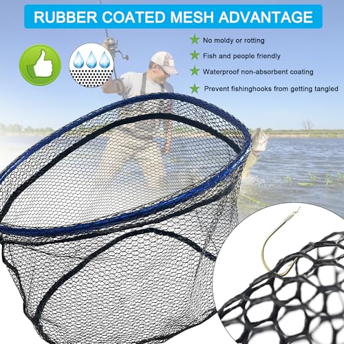 LBW Collapsible Fishing Net with Handle, Folding Kayak Net for Freshwater or Saltwater, Trout Catfish Bass Compact Rubber Landing Net