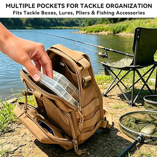 Kynzo Fishing Sling Backpack with Rod Holder, Water-Resistant Fishing Tackle Bag, Durable Shoulder Crossbody Pack for Freshwater Saltwater Fishing(C- Khaki) - color: C- Khaki