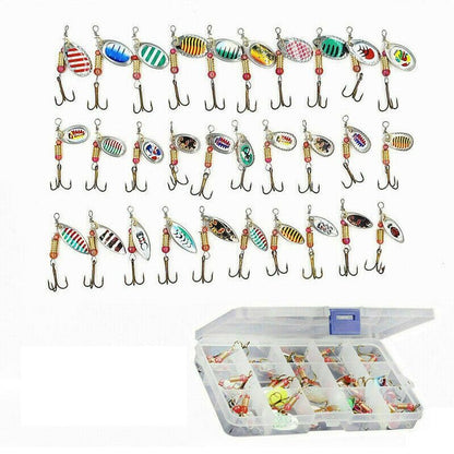 30pcs Fishing Lure Spinnerbait, Bass Trout Salmon Hard Metal Spinner Baits Kit with Tackle Boxes
