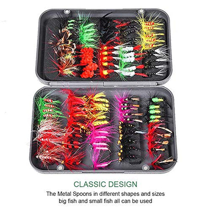 Handmade Fly Fishing Flies Kit Dry Fly Poppers Panfish 50/100pcs | Topwater Fly Fishing Lures Assortment Set Floating Baits for Bass Salmon Trout Bluegill with Free Tackle Box Organizer