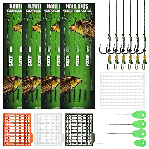 Carp Fishing Hair Rig Kits,26pcs/30pcs Sets Curved Barbed Carp Hook Swivel Boilies Bait Stops and Stringers Needle Fishing Bait Rigs Braided Thread Line Carps Fishing Accessories - color: Size 8# Kit(3 Packs) - 26pcs
