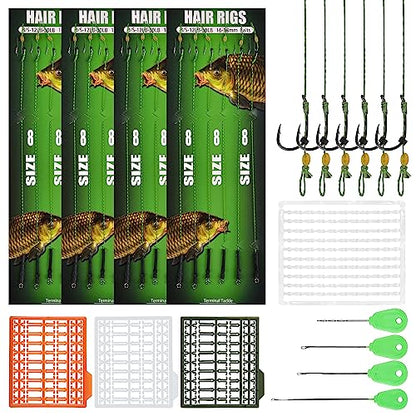 Carp Fishing Hair Rig Kits,26pcs/30pcs Sets Curved Barbed Carp Hook Swivel Boilies Bait Stops and Stringers Needle Fishing Bait Rigs Braided Thread Line Carps Fishing Accessories - color: Size 8# Kit(3 Packs) - 26pcs