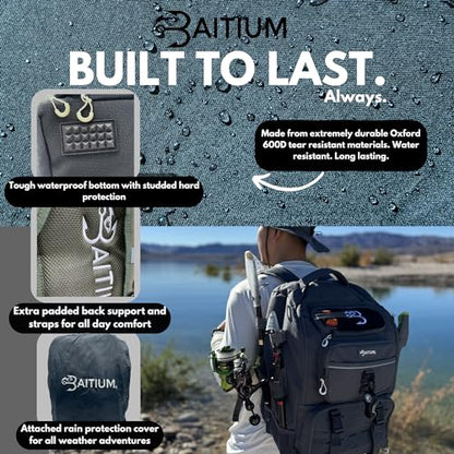 Baitium Fishing Backpack, Tackle Bag With Rod Holders, 40L Capacity With Cooler, Rain Cover, Insulated Pocket, 4 Tackle Trays Included (Jet Black) - color: Jet Black