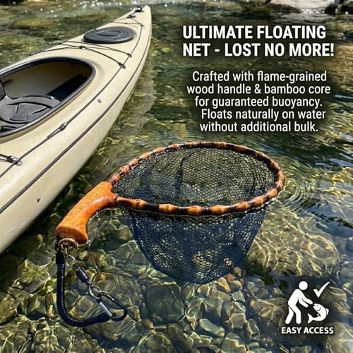 Floating Handcrafted Bamboo Fly Fishing Landing Net, Solid Wood Handle, Soft Rubber Coated Mesh for Trout, Kayak & Stream Fishing, Includes Magnetic Release & Safety Lanyard - size: Large, style: Curved Handlebar