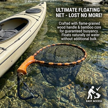 Floating Handcrafted Bamboo Fly Fishing Landing Net, Solid Wood Handle, Soft Rubber Coated Mesh for Trout, Kayak & Stream Fishing, Includes Magnetic Release & Safety Lanyard - size: Middle, style: Curved Handlebar