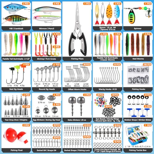 PLUSINNO Fishing Lures Tackle Box Gear Kit with Tackle Included, 373 PCS | Waterproof, Compact & Customizable, for Bass Trout, Freshwater Topwater, 16 Rigs, Fishing Gifts for Men Starter - color: Blue 373 PCS Lures Box