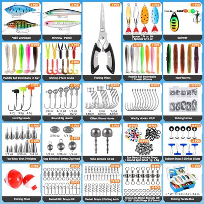 PLUSINNO Fishing Lures Tackle Box Gear Kit with Tackle Included, 373 PCS | Waterproof, Compact & Customizable, for Bass Trout, Freshwater Topwater, 16 Rigs, Fishing Gifts for Men Starter - color: Blue 373 PCS Lures Box