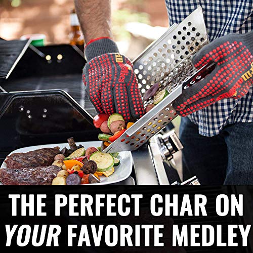 Grillaholics Grill Basket for Outdoor Grill - Durable Premium Stainless Steel Vegetable Grill Basket - XL Family Size BBQ Grill Basket - Perfect Grilling Accessories for Veggies, Fish, Shrimp & Kebabs | Family-Sized | Dishwasher Safe | Stainless Steel | I