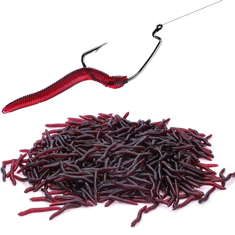 100PCS Scented Soft Fishing Lures, Realistic Red Worm Artificial Bait Freshwater Saltwater Fishing Tackle for Bass Trout Carp, 100PCS