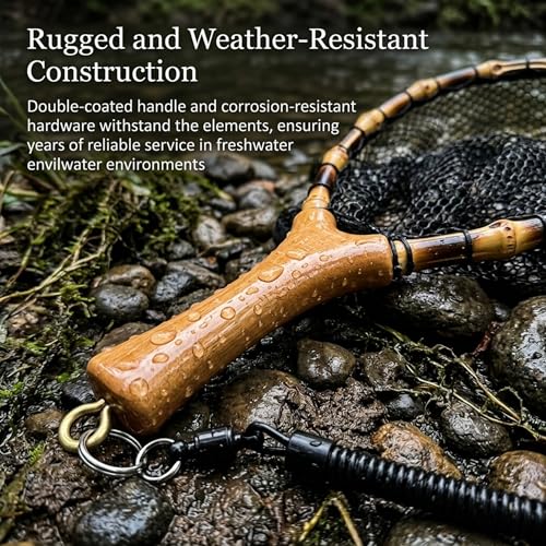 Floating Handcrafted Bamboo Fly Fishing Landing Net, Solid Wood Handle, Soft Rubber Coated Mesh for Trout, Kayak & Stream Fishing, Includes Magnetic Release & Safety Lanyard - size: Middle, style: Straight Handlebar