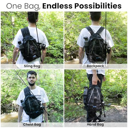 Reaction Tackle Camo Fishing Sling Bag, Water Resistant 2-in-1 Sling and Backpack with Rod Holder and Adjustable Straps, Medium - size: Medium