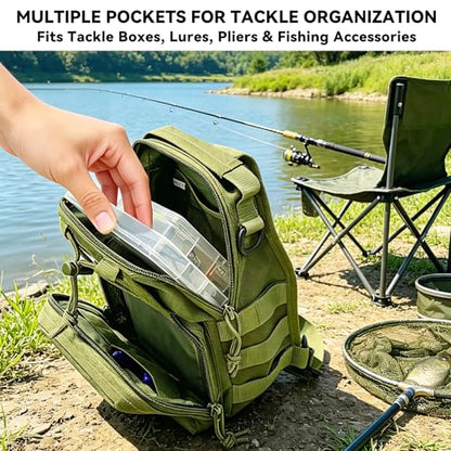 Kynzo Fishing Sling Backpack with Rod Holder, Water-Resistant Fishing Tackle Bag, Durable Shoulder Crossbody Pack for Freshwater Saltwater Fishing (B-Green) - color: B-Green