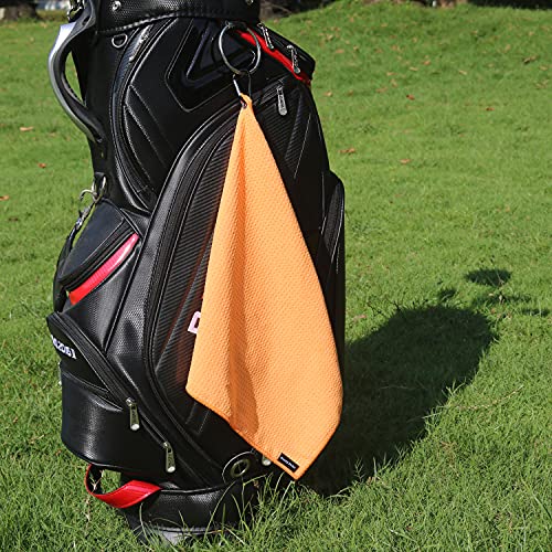 Handy Picks Microfiber Golf Towel (16" X 16") with Carabiner Clip, Waffle Pattern Golf Towel Hook and Loop Fastener - The Convenient Golf Cleaning Towel - color: Orange