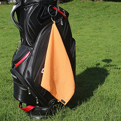 Handy Picks Microfiber Golf Towel (16" X 16") with Carabiner Clip, Waffle Pattern Golf Towel Hook and Loop Fastener - The Convenient Golf Cleaning Towel - color: Orange