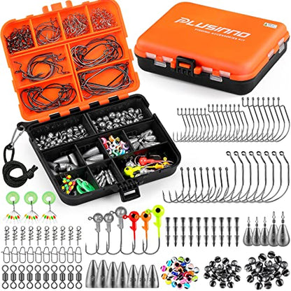 PLUSINNO 253/387pcs Fishing Gear Accessories Kit, Fishing Tackle Box with Tackle Included, Fishing Hooks, Fishing Weights Sinkers, Spinner Blade, Fishing Equipment for Bass Trout Bluegill Crappie - color: 201pcs Fishing Accessories Kit