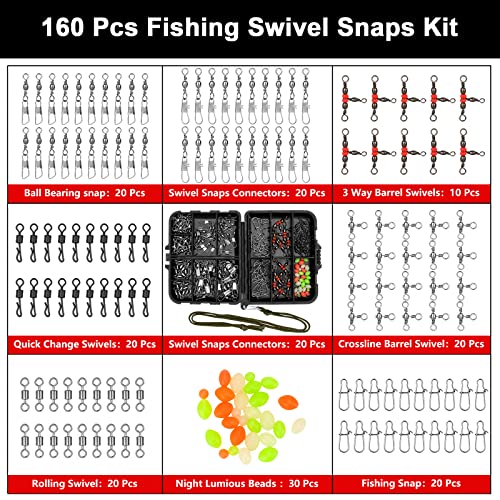 Realure 160 Pcs/box Fishing Swivel Snaps Kit Sea Fishing Barrel Swivel Snaps Ball Bearing Swivels Fishing Tackle with Multiple Fishing Swivels and Clips Luminous Fishing Beads for Saltwater Freshwater