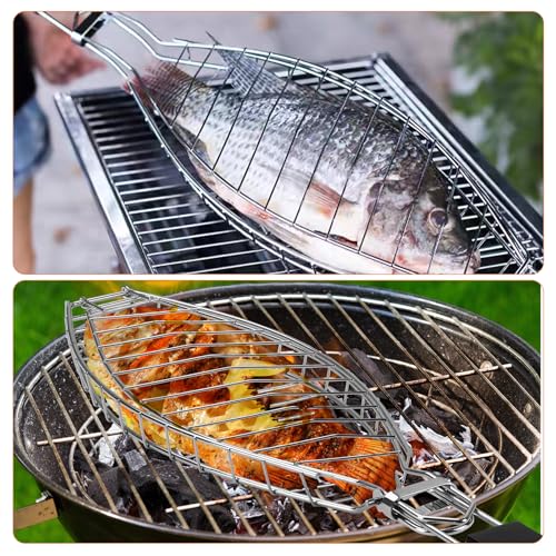 Fish Grill Basket, Heavy Duty Stainless Steel Grilling Basket with Removable Wooden Handle & Bonus Basting Brush, BBQ Accessories for Outdoor Camping Picnic, Cook Whole Fish, Seafood, Vegetables