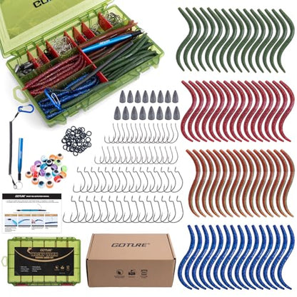 Goture Wacky Worm Fishing Lure Kit with Soft Plastics, Wacky Rig Tools, O-Rings, Worm & Drop Shot Hooks, Beads, Weights & Tackle Box - color: F:208pcs-(5" Soft Worm)&Tackle Box