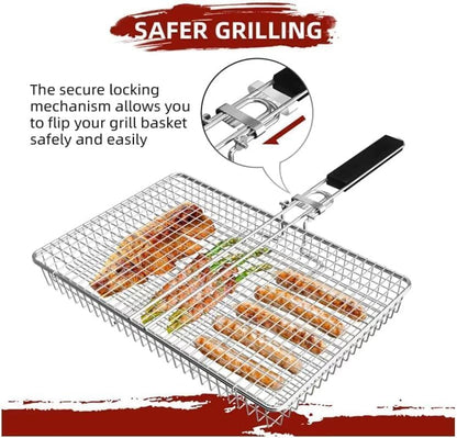 Grill Basket Large Portable Folding BBQ Camping Grilling Rack for Fish, Vegetables, Shrimp, Barbeque Griller Cooking Accessories, Grilling Gifts