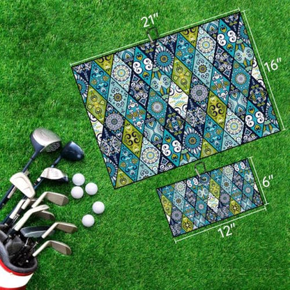 Blue Mandala Pattern Golf Towel for Golf's Bags Cart Rhombus Shapes Golf Towels with Clip Colorful Geometric Waffle Towels Bohemian Checkered Cleaning Cloth 2 Packs for Men, Birthday Present - color: Blue Green