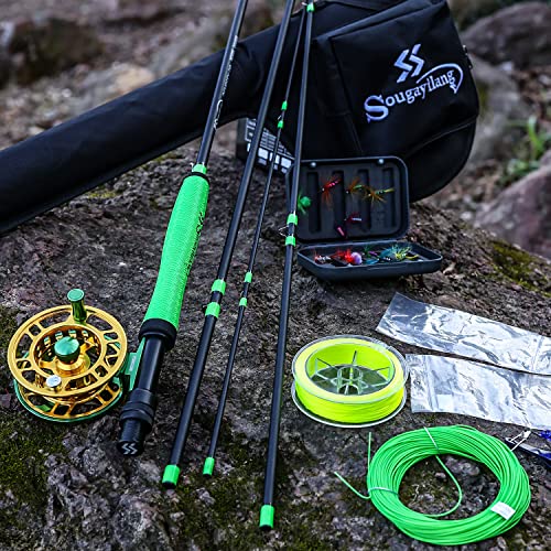 Sougayilang Standard Fly Fishing Combo Starter Kit, 5/6 Weight 9' Fly Rod with SuperPolymer Handle, Accessories, Carrying Case, Fly Box Case & Fishing Flies - color: Green