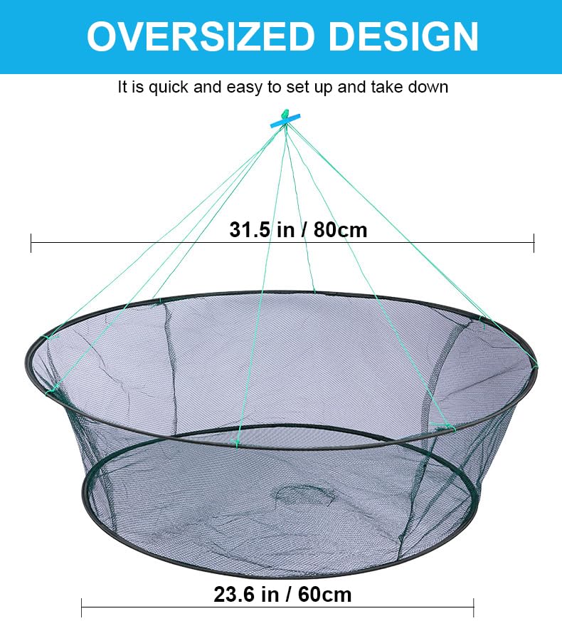 Foldable Fishing Net, Nylon Minnow Trap Crab Trap Crab Net, Drop Net for Pier Fishing, Drop Nets for Pulling Up Fish with Rope, Portable Bridge Fishing Nets for Minnows Crawfish Shrimp - size: 32inch