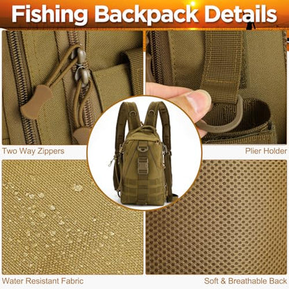 RoundFunny 85 Pcs Fishing Backpack with Tackle Boxes, Tackle Sling Bag with Rod Holder, Fish Lures and Pliers, Fish Tools Gears & Equipment Father's Day Fishing Gift for Dad Men - color: Khaki